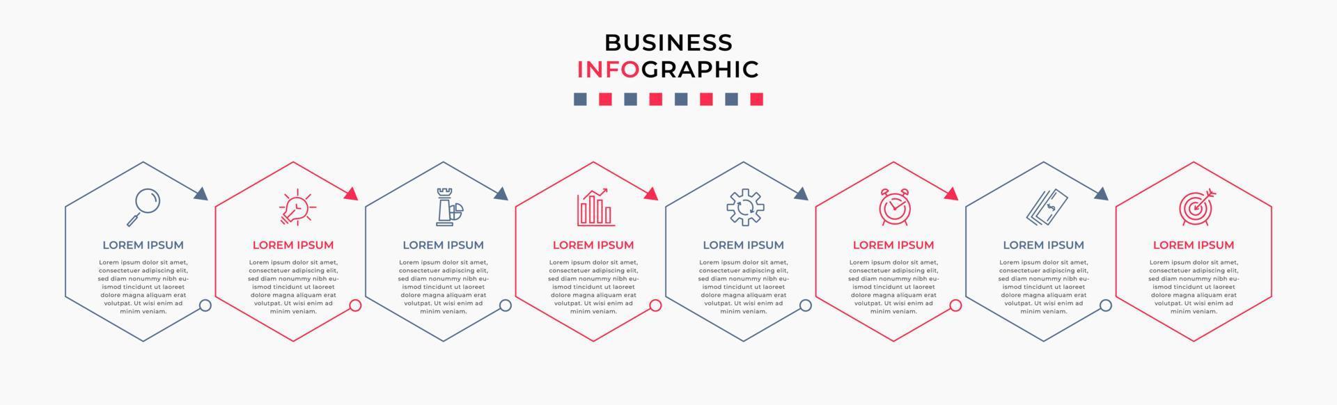 Vektor-Infografik-Design-Geschäftsvorlage mit Symbolen und 8 Optionen oder Schritten. kann für Prozessdiagramme, Präsentationen, Workflow-Layouts, Banner, Flussdiagramme und Infografiken verwendet werden vektor