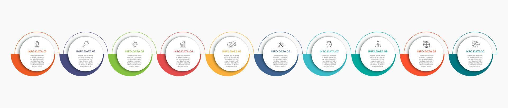 moderne Business-Infografik-Vorlage. zeitachse mit 10 schritten, optionen und marketingsymbolen .vektorlineare infografik mit zwei kreisverbundenen elementen. kann für Präsentationen verwendet werden. vektor