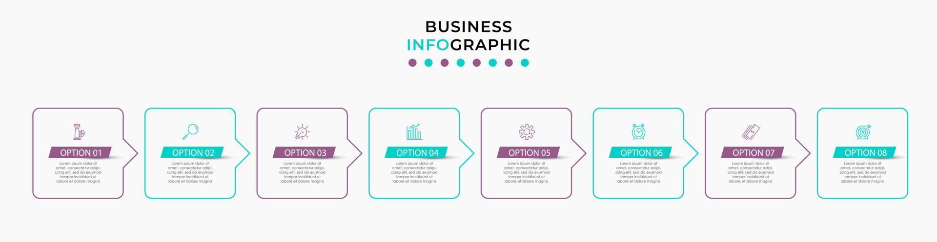 Vektor-Infografik-Design-Geschäftsvorlage mit Symbolen und 8 Optionen oder Schritten. kann für Prozessdiagramme, Präsentationen, Workflow-Layouts, Banner, Flussdiagramme und Infografiken verwendet werden vektor