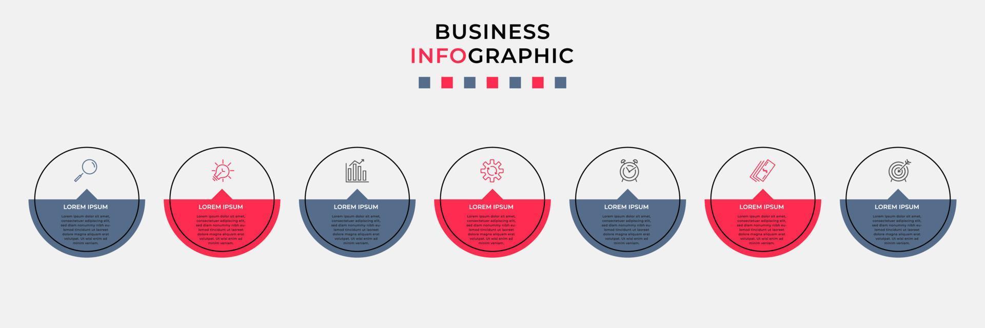 Business-Infografik-Design-Vorlagenvektor mit Symbolen und 7 Optionen oder Schritten. kann für Prozessdiagramme, Präsentationen, Workflow-Layouts, Banner, Flussdiagramme und Infografiken verwendet werden vektor