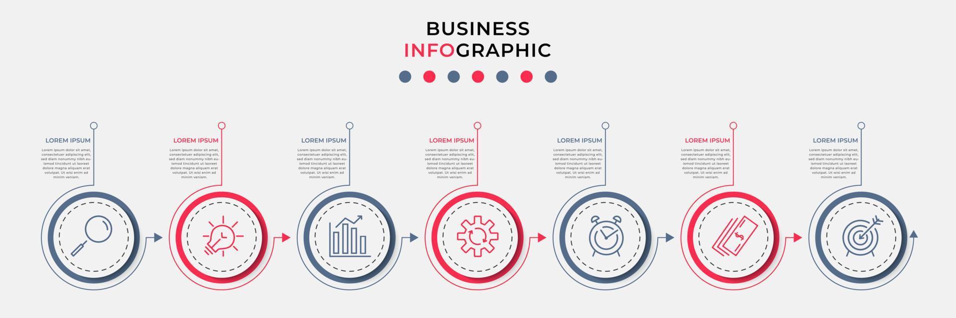 Business-Infografik-Design-Vorlagenvektor mit Symbolen und 7 Optionen oder Schritten. kann für Prozessdiagramme, Präsentationen, Workflow-Layouts, Banner, Flussdiagramme und Infografiken verwendet werden vektor