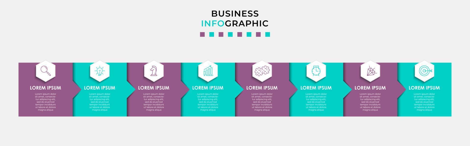 Vektor-Infografik-Design-Geschäftsvorlage mit Symbolen und 8 Optionen oder Schritten. kann für Prozessdiagramme, Präsentationen, Workflow-Layouts, Banner, Flussdiagramme und Infografiken verwendet werden vektor