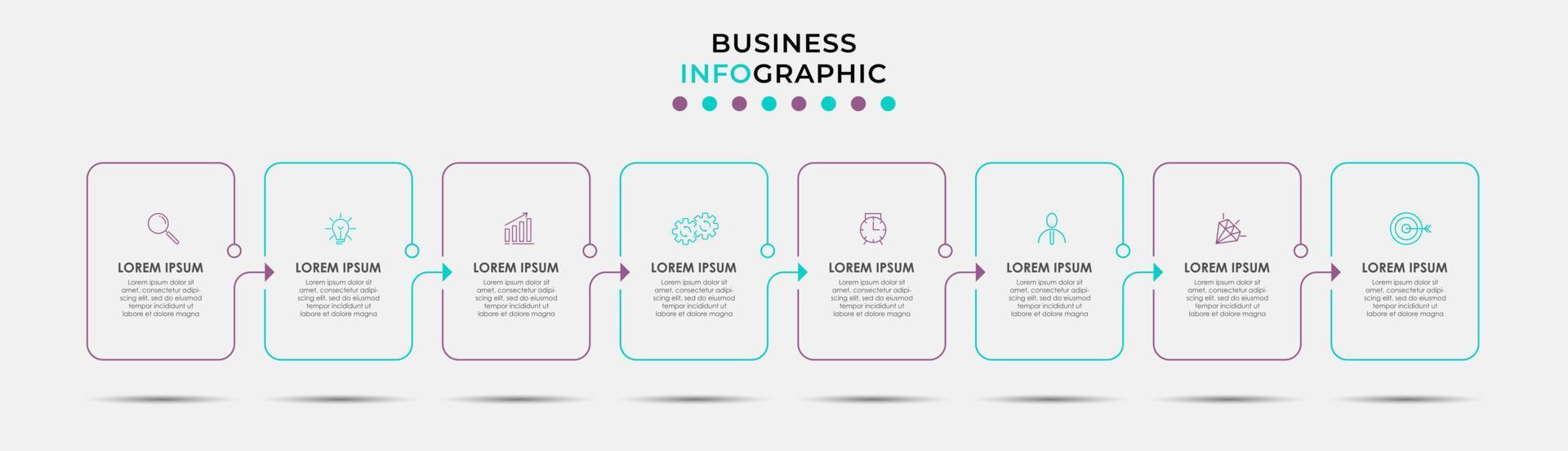 Vektor-Infografik-Design-Geschäftsvorlage mit Symbolen und 8 Optionen oder Schritten. kann für Prozessdiagramme, Präsentationen, Workflow-Layouts, Banner, Flussdiagramme und Infografiken verwendet werden vektor