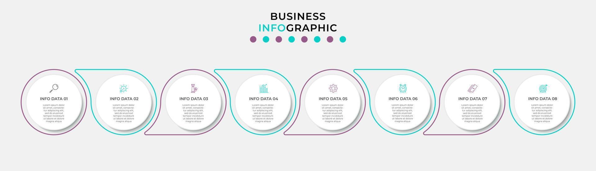 Vektor-Infografik-Design-Geschäftsvorlage mit Symbolen und 8 Optionen oder Schritten. kann für Prozessdiagramme, Präsentationen, Workflow-Layouts, Banner, Flussdiagramme und Infografiken verwendet werden vektor