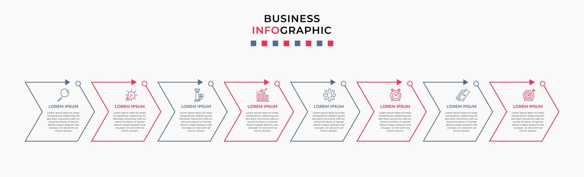 Vektor-Infografik-Design-Geschäftsvorlage mit Symbolen und 8 Optionen oder Schritten. kann für Prozessdiagramme, Präsentationen, Workflow-Layouts, Banner, Flussdiagramme und Infografiken verwendet werden vektor