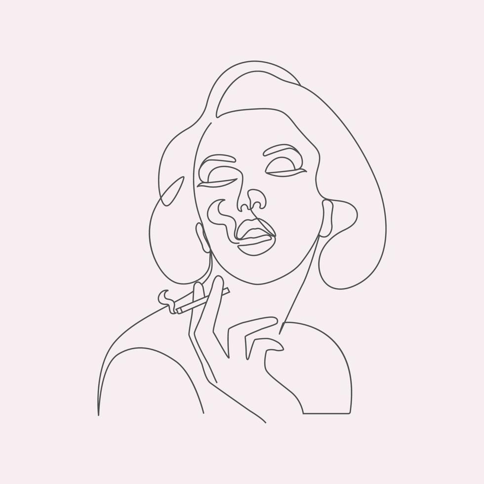 skönhet eleganta kvinna i cigarett rökning elegant linje konst stil teckning vektor