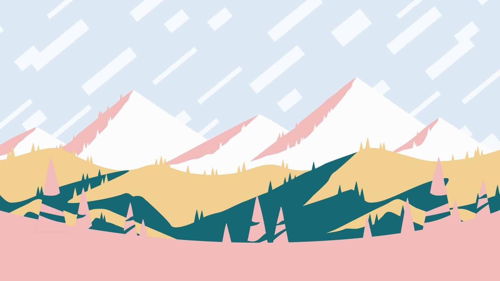 vår på de berg, platt design horisontell affisch konstverk. värma solnedgång över de rosa kullar affisch, landskap vektor illustration.