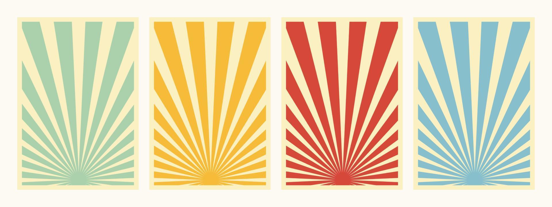 4er-Set, Retro-inspirierte vertikale Poster, verschiedene Sunburst-Promo-Propaganda-Hintergrundvorlagen. grüne, gelbe, rote und blaue Papiercollagenhintergründe. vektor