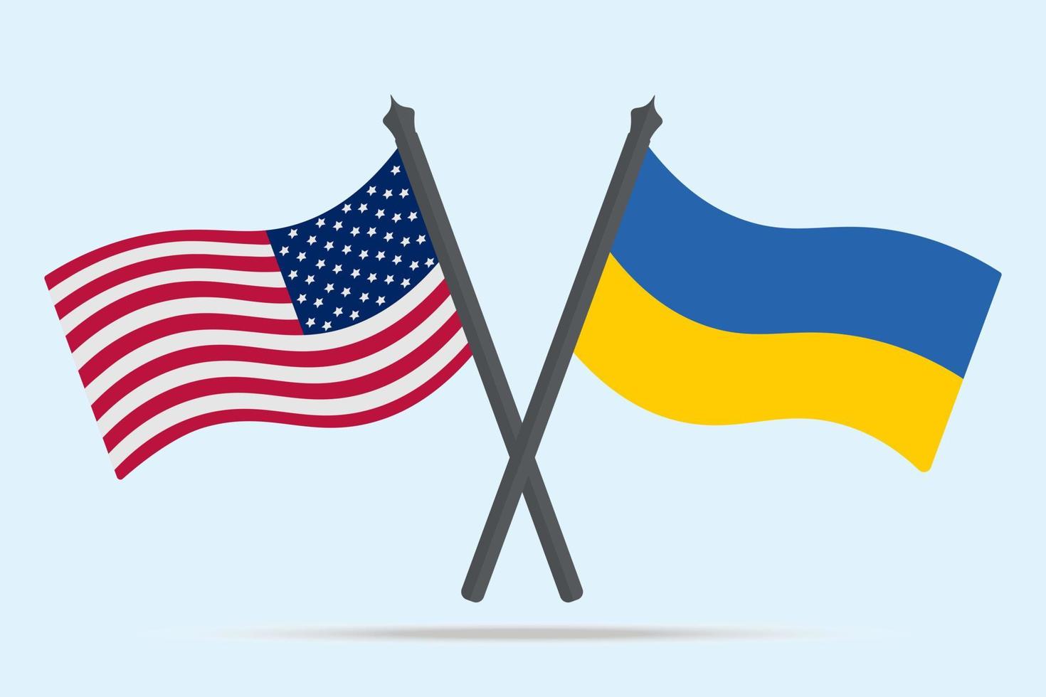 Flagge der Ukraine und Amerikas. die Banner sind gekreuzt und werfen einen Schatten. Farbvektorillustration. Symbole der Staaten. politische Themen. flacher Stil. nationales Zeichen. isolierter blauer Hintergrund. vektor