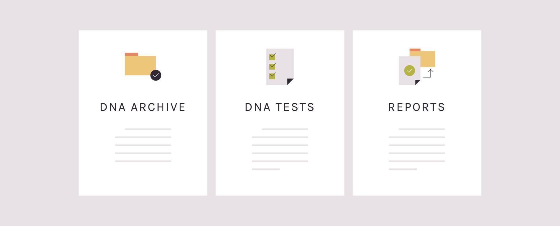 dna arkiv, dna tester och rapporter webb banderoller och enkel annorlunda element platt vektor illustration.