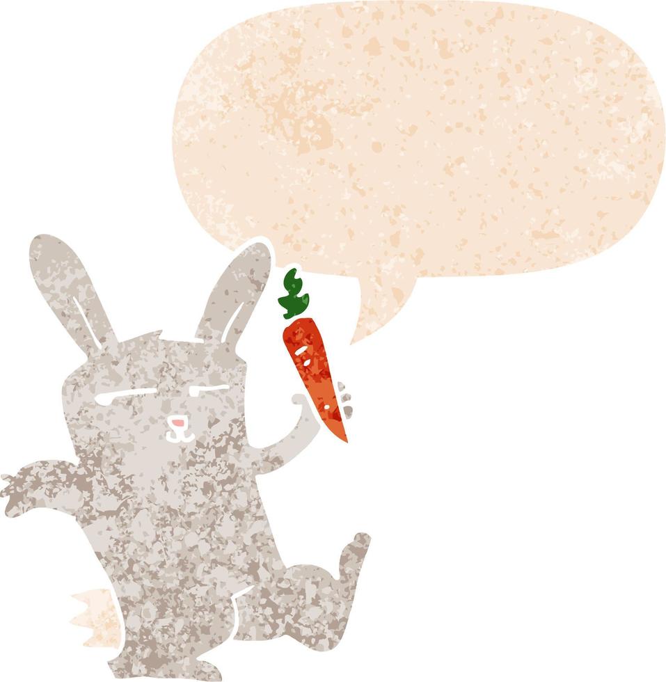 tecknad serie kanin med morot och Tal bubbla i retro texturerad stil vektor