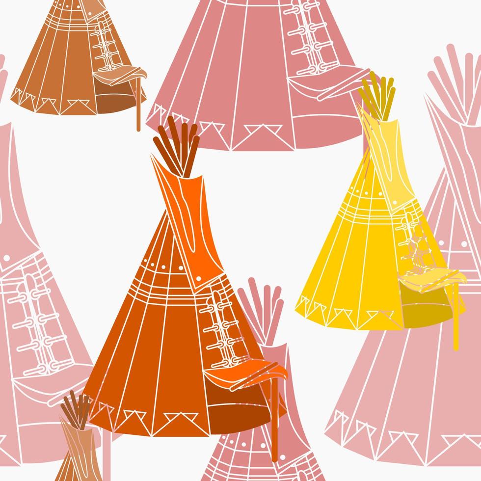 Bearbeitbarer Vektor der flachen einfarbigen Schrägansicht indianischer Zeltillustration in verschiedenen Farben als nahtloses Muster für die Erstellung des Hintergrunds der traditionellen Kultur und des geschichtsbezogenen Designs