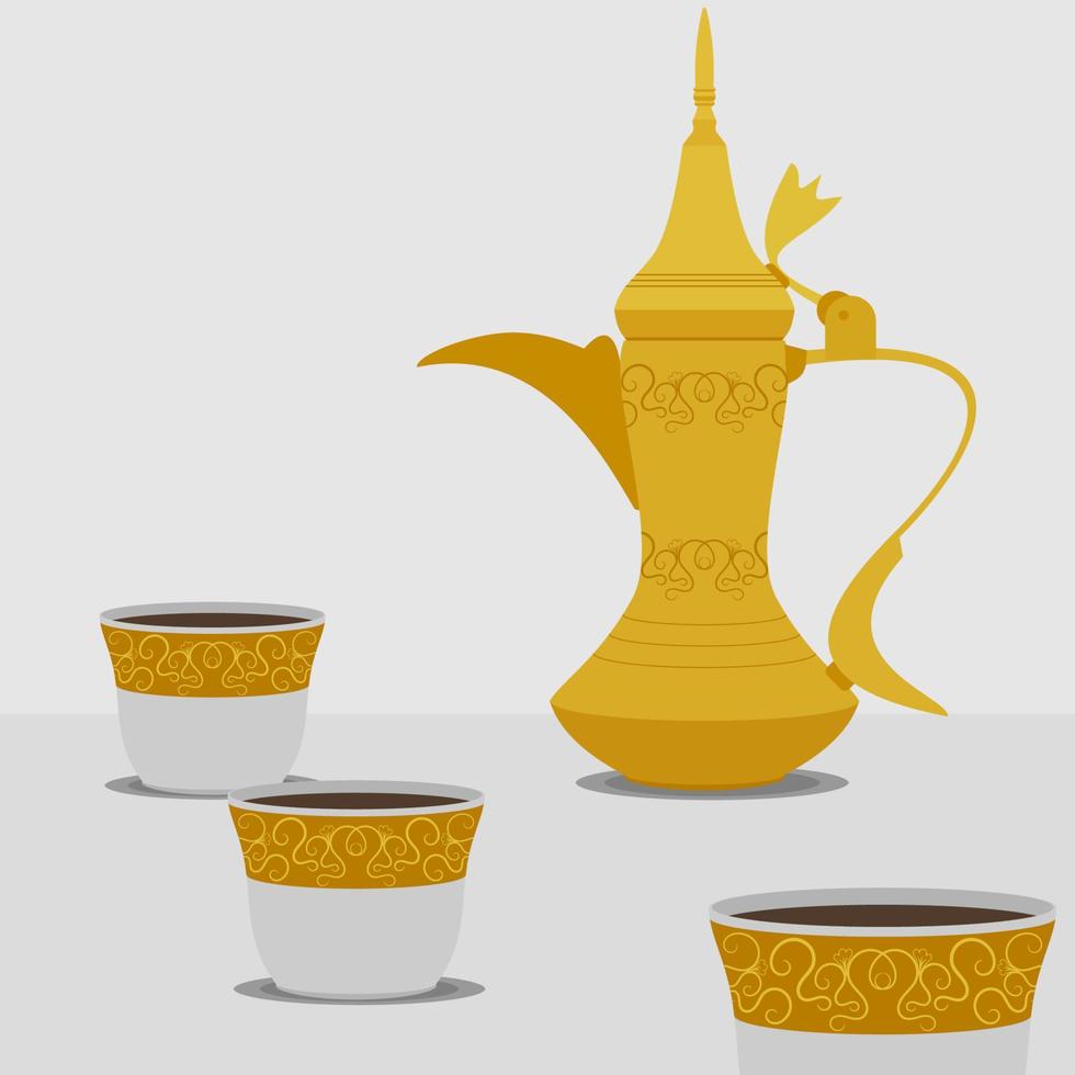Bearbeitbarer traditioneller arabischer Kaffee mit Dallah-Topf und Finjan-Demitasse-Tassen, Vektorgrafik in Goldfarbe für Café-bezogenes Design oder arabische Geschichte und Traditionskultur vektor