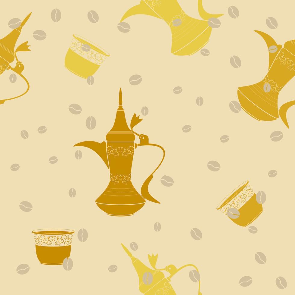 redigerbar traditionell typisk arab kaffe dallah pott och finjan koppar med bönor i platt vektor illustration som sömlös mönster för skapande bakgrund av mitten östra stil Kafé relaterad design