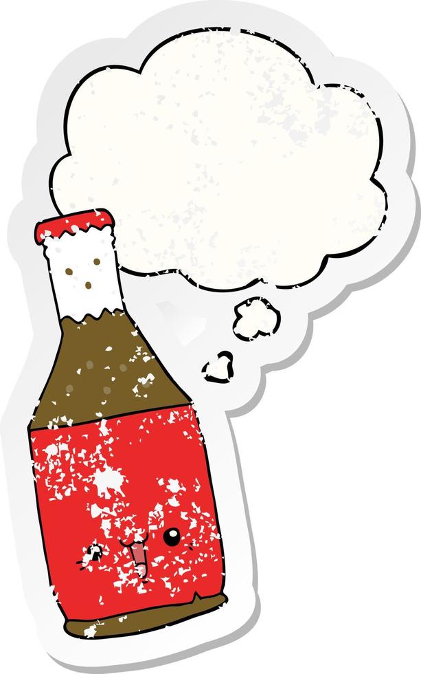 Cartoon-Bierflasche und Gedankenblase als beunruhigter, abgenutzter Aufkleber vektor