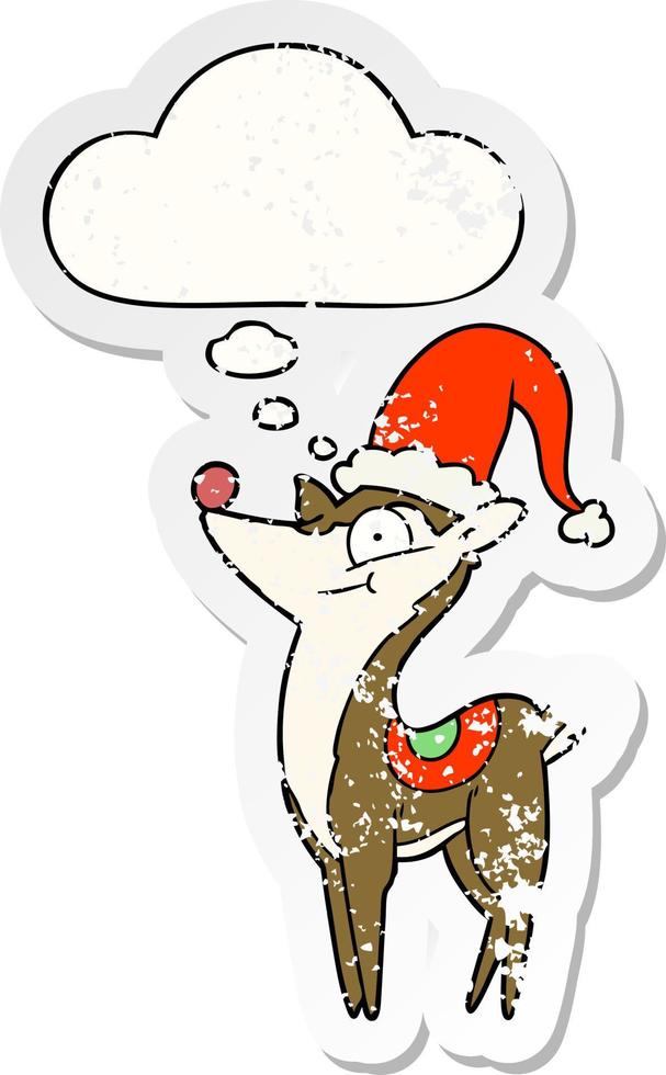 tecknade julrenar och tankebubbla som ett nödlidande slitet klistermärke vektor