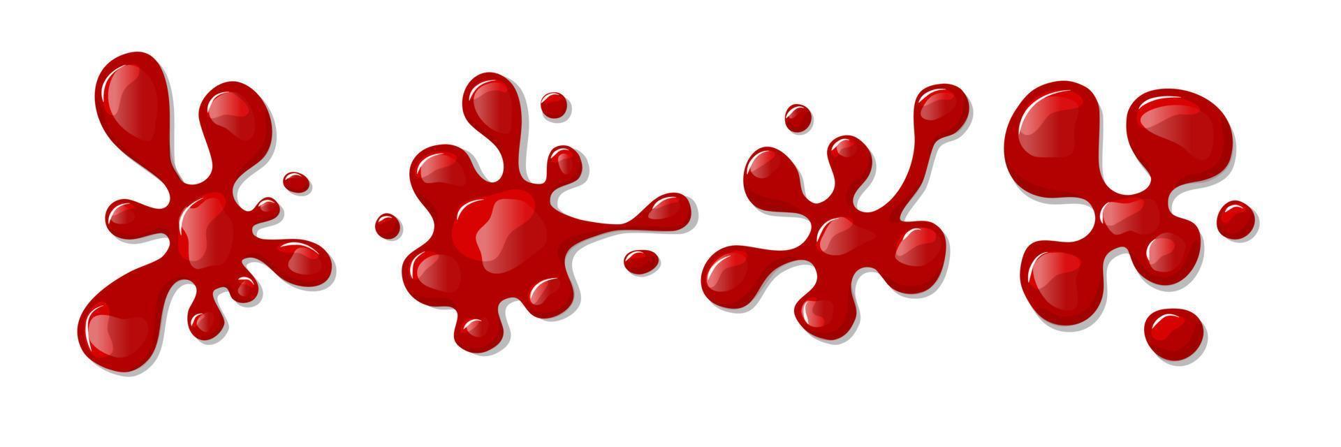 vattenpölar blod uppsättning på en vit isolerat bakgrund. röd flytande spill. se från ovan. vektor tecknad serie illustration.