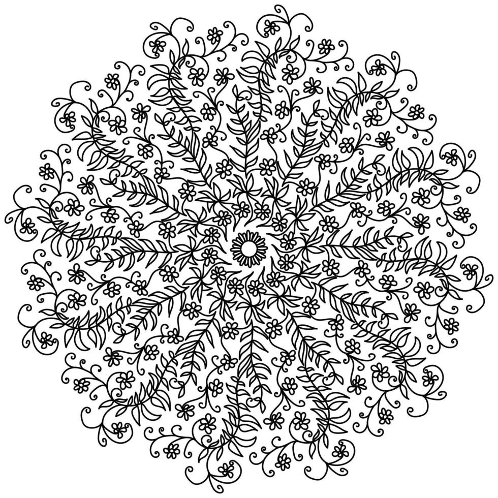 Kontur-Doodle-Mandala mit Blumen, Blättern und Locken, Fantasy-Malseite mit Pflanzenmotiven vektor
