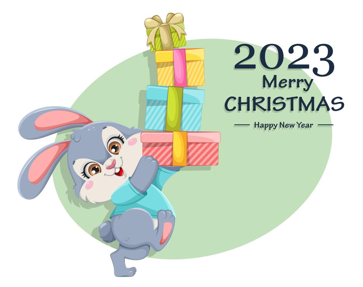 glad jul och Lycklig ny år. tecknad serie kanin vektor