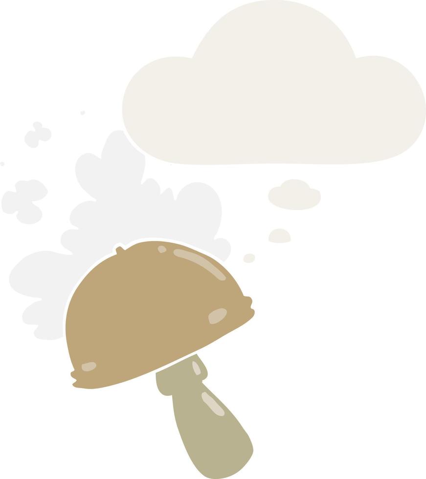Cartoon-Pilz mit Sporenwolke und Gedankenblase im Retro-Stil vektor