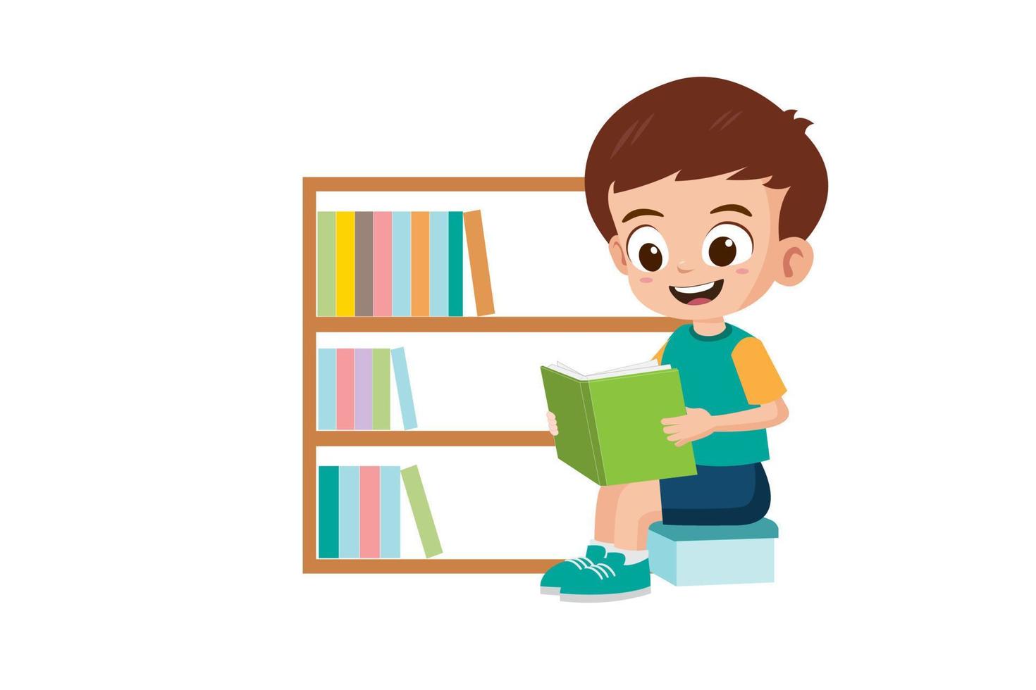 söt liten pojke läsning en bok i bibliotek vektor illustration