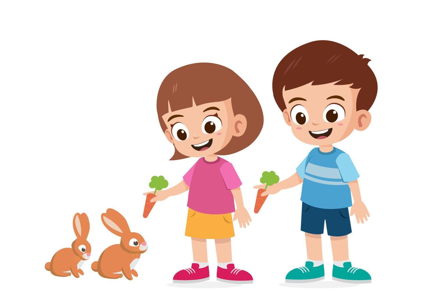 söt liten flicka och pojke matning kaniner med morötter vektor illustration