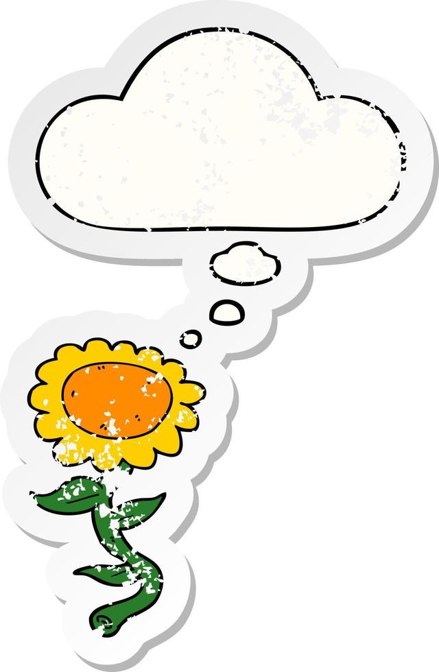 Cartoon-Sonnenblume und Gedankenblase als beunruhigter, abgenutzter Aufkleber vektor