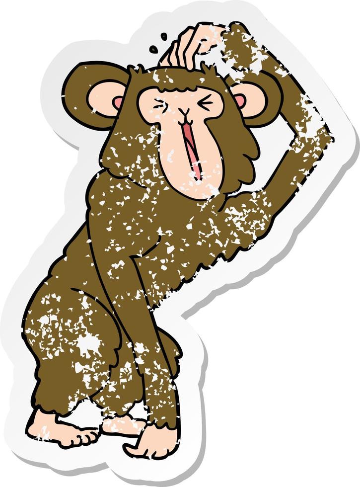 beunruhigter Aufkleber eines Cartoon-Schimpansen, der sich am Kopf kratzt vektor