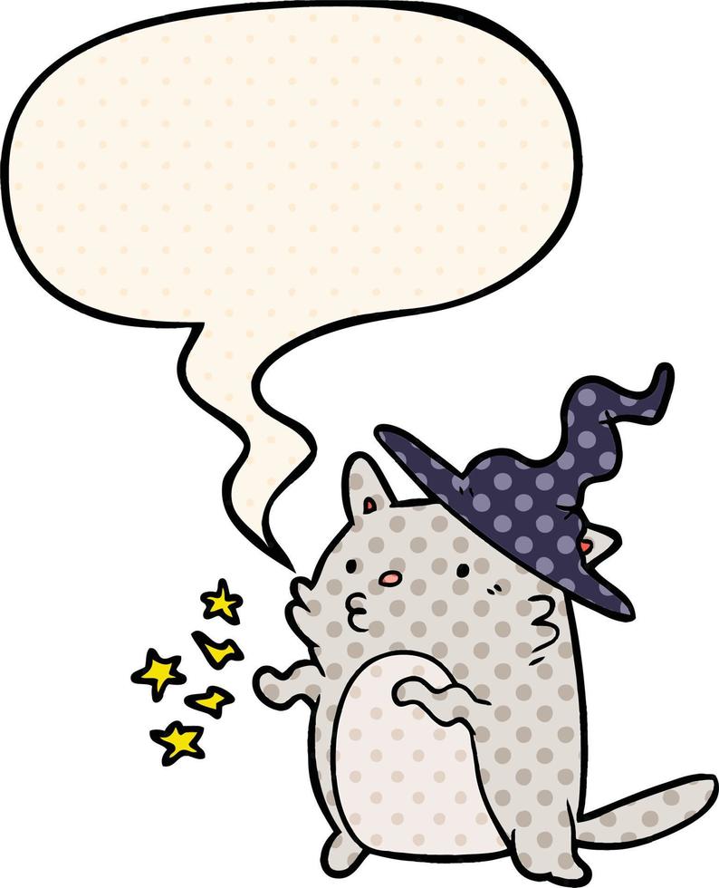 magische erstaunliche Cartoon-Katzen-Zauberer und Sprechblase im Comic-Stil vektor
