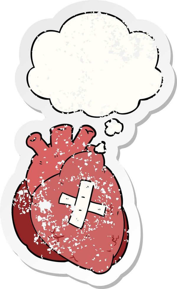 Cartoon-Herz und Gedankenblase als beunruhigter, abgenutzter Aufkleber vektor
