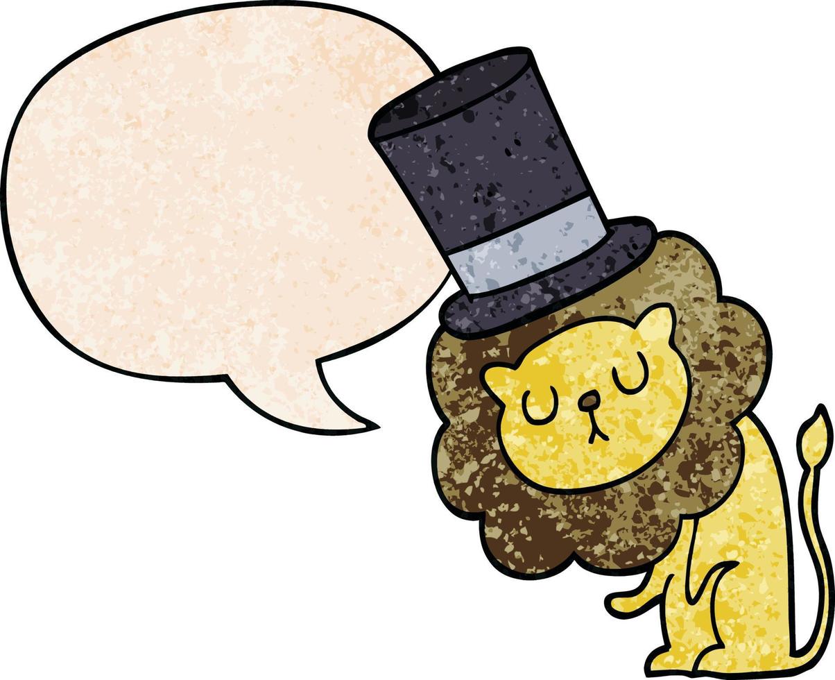 niedlicher Cartoon-Löwe mit Hut und Sprechblase im Retro-Textur-Stil vektor