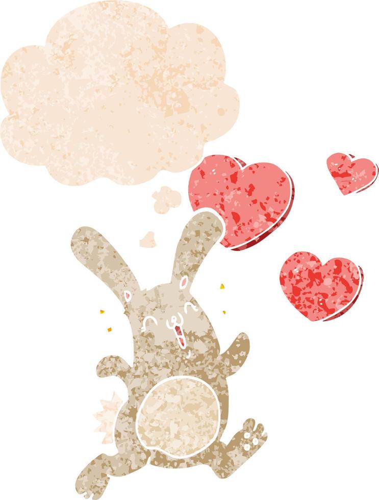 tecknad kanin i kärlek och tankebubbla i retro texturerad stil vektor