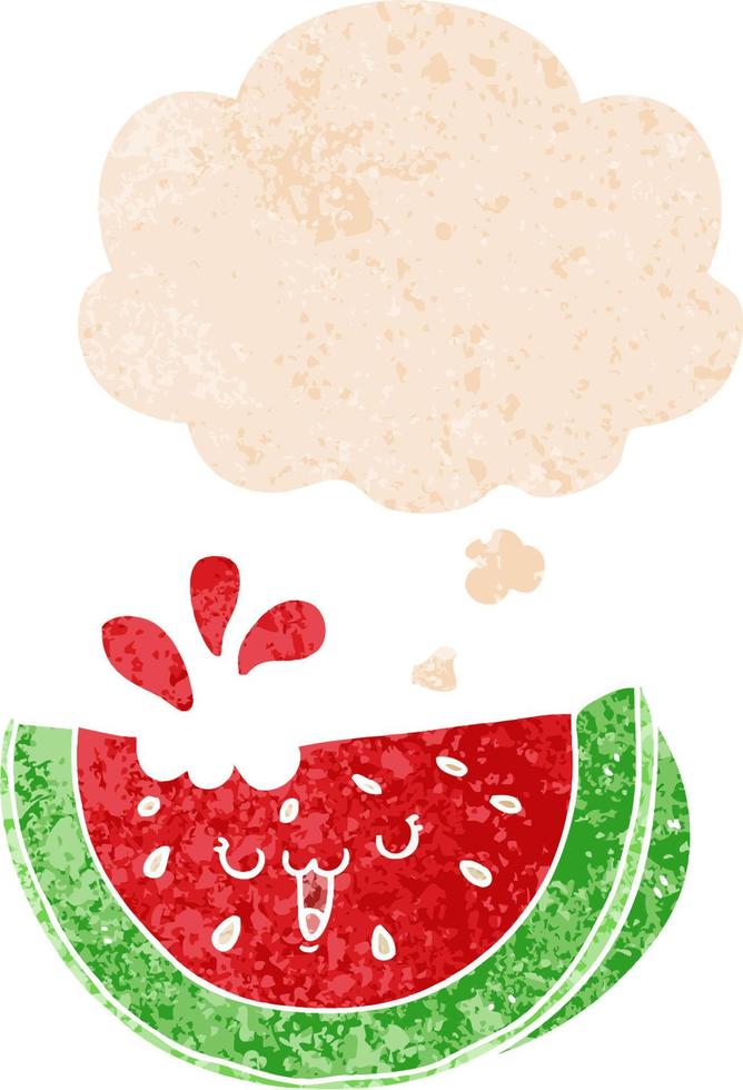 tecknad vattenmelon och tankebubbla i retro texturerad stil vektor