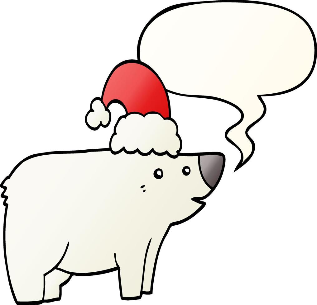 karikaturbär mit weihnachtsmütze und sprechblase in glattem farbverlauf vektor