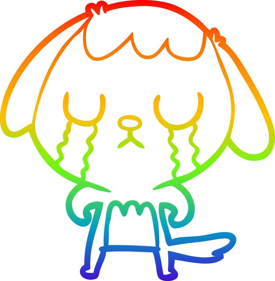 Regenbogen-Gradientenlinie zeichnet niedlichen Cartoon-Hund weint vektor