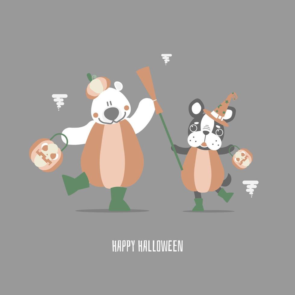 fröhliches halloween-feiertagsfestival mit teddybär und kürbis und hund, der besen hält, flaches vektorillustrations-cartoon-charakterdesign vektor