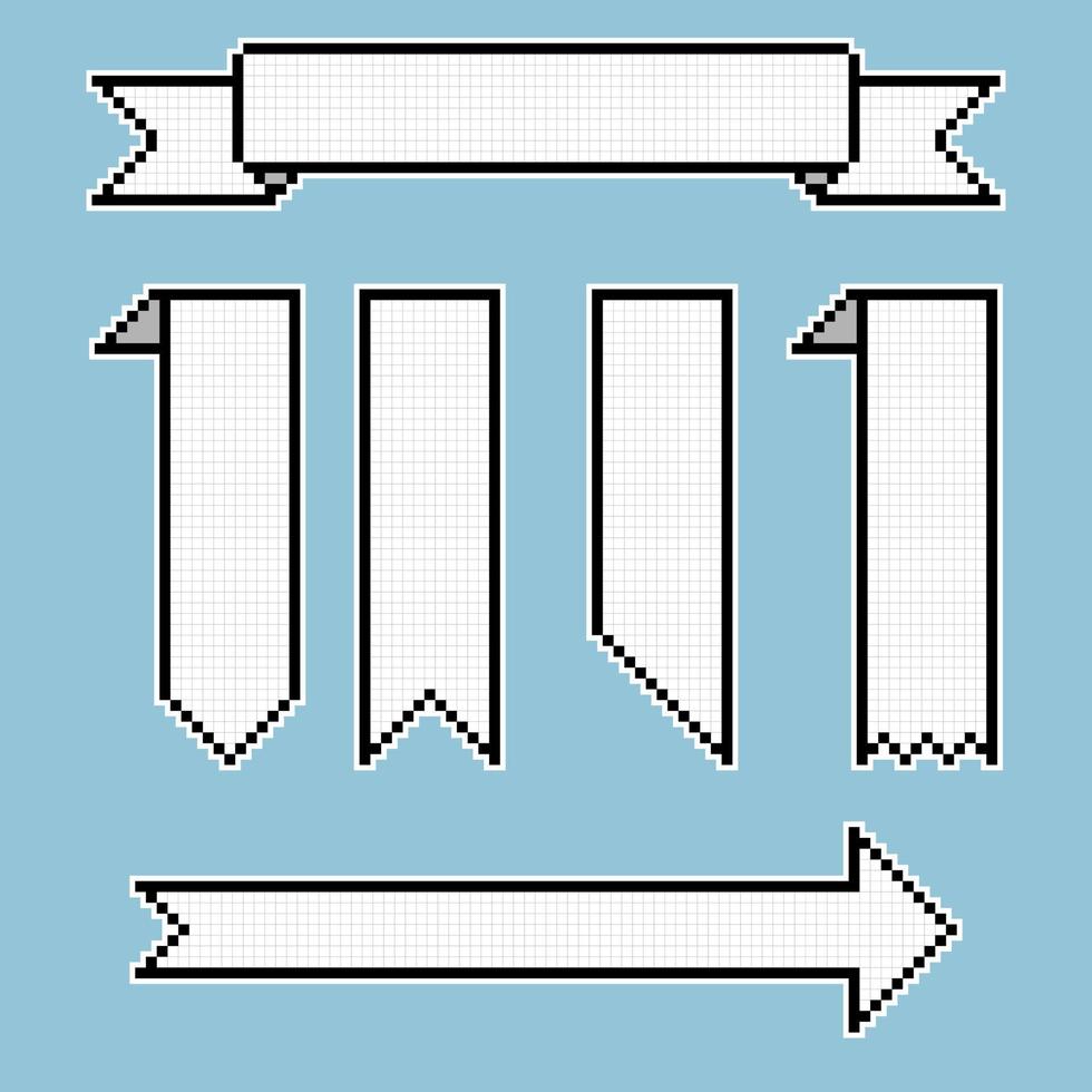 samling uppsättning av retro spel 8 bit linje pixel band baner Tal bubbla ballong, text låda, svart och vit Färg, platt design vektor illustration