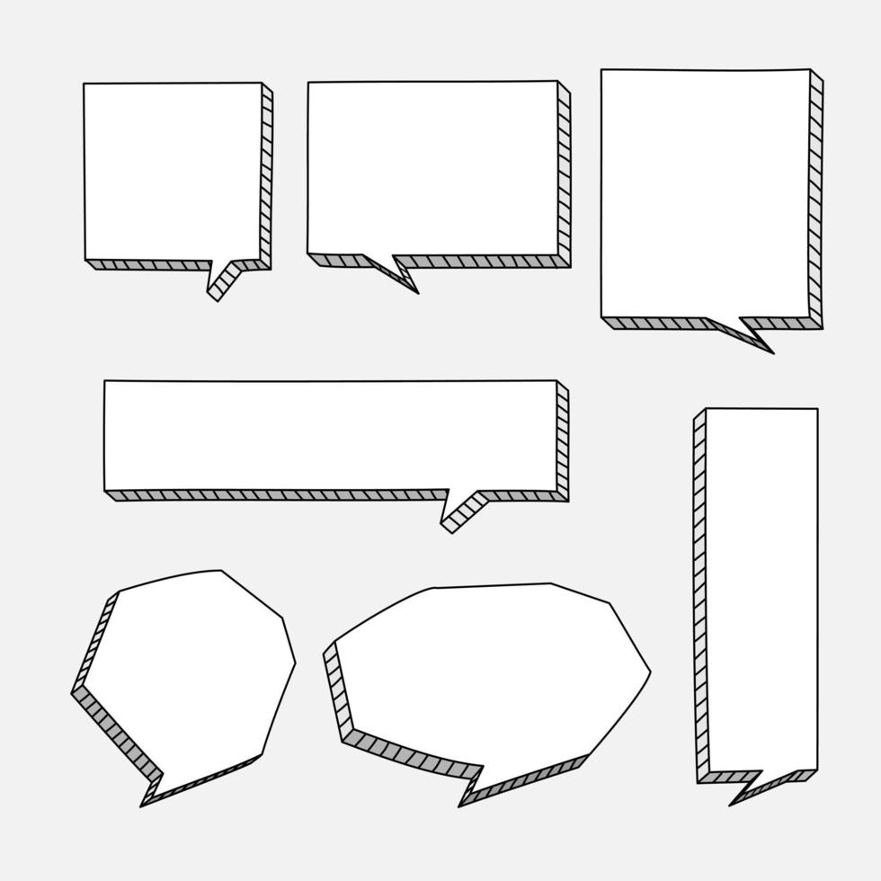 samling uppsättning av hand dragen 3d tom Tal bubbla ballong, tror, tala, prata, text låda baner, svart och vit Färg, platt design vektor illustration