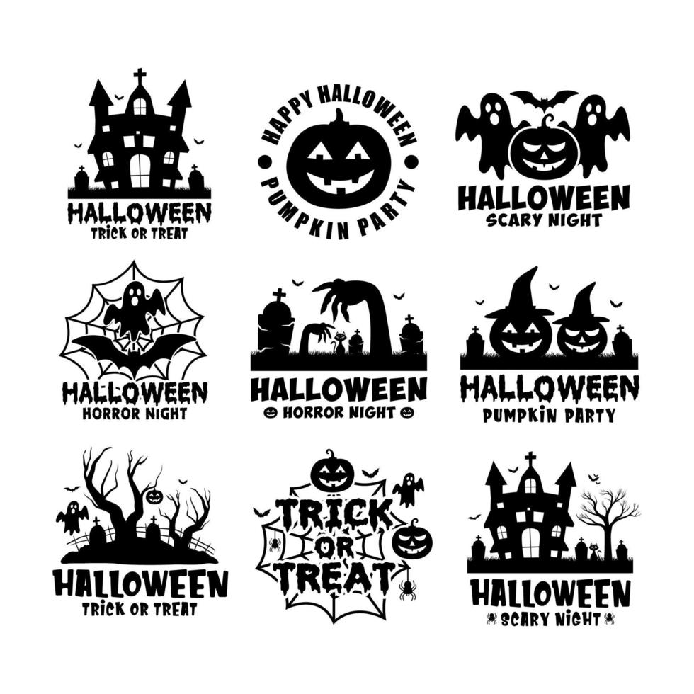 Lycklig halloween svart vit vektor design logotyp samling