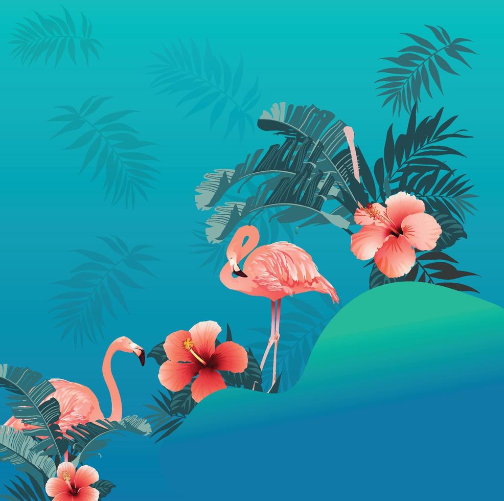 flamingo fågel tropisk blommor bakgrund vektor