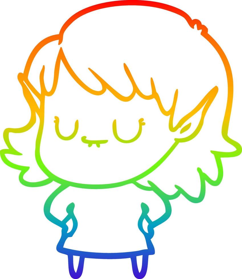 Regenbogen-Gradientenlinie, die fröhliches Cartoon-Elf-Mädchen zeichnet vektor