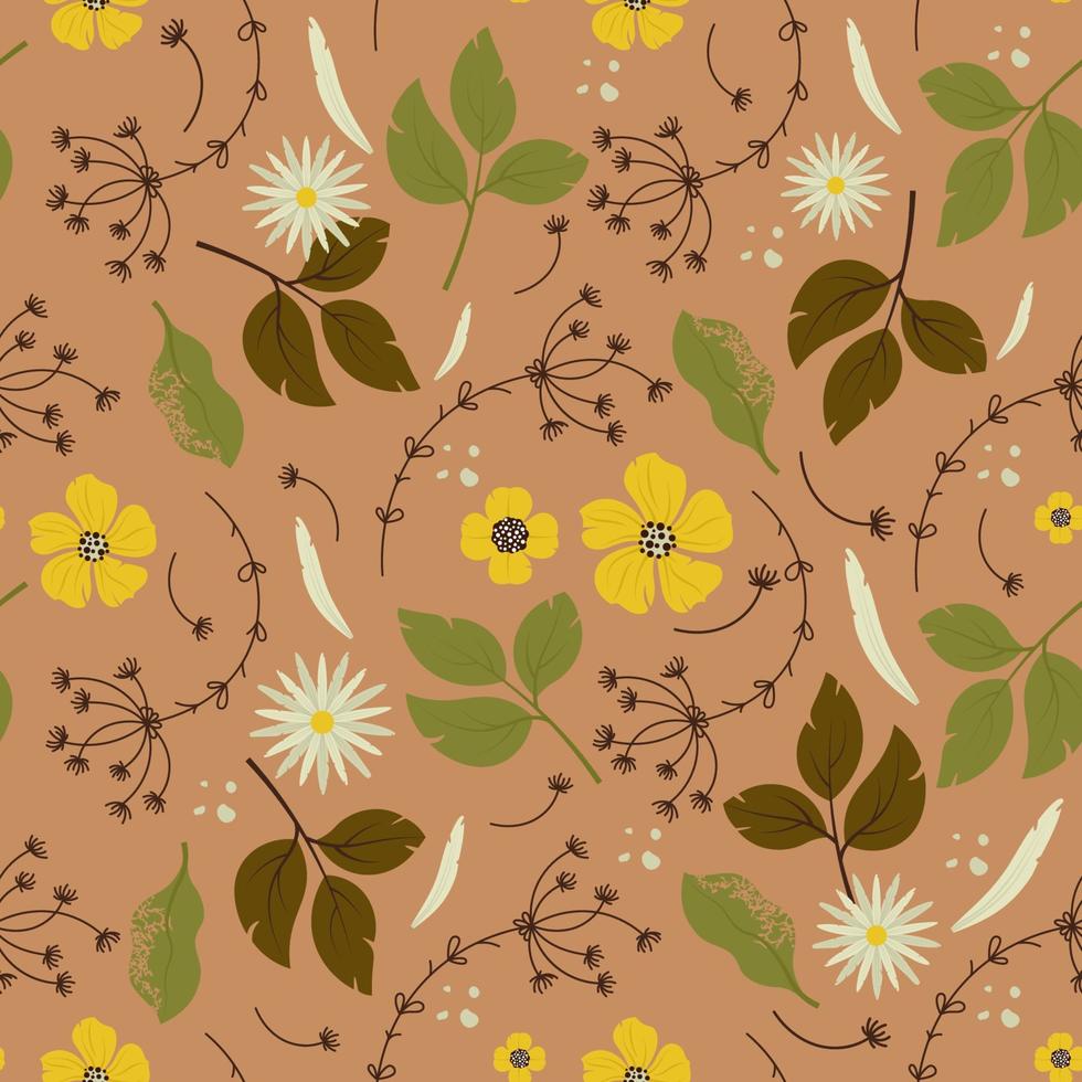 Blumenmuster mit Wildblumen und Blättern in Herbstfarben. vektorillustration im handgezeichneten stil vektor