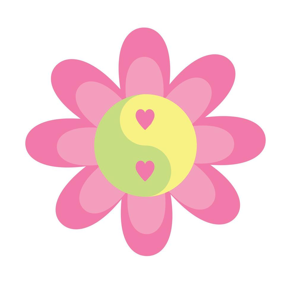 Blume mit Yin-Yang-Symbol mit Herzen in rosa gelbgrüner Farbe. Vektor-Illustration isoliert auf weißem Hintergrund. niedliche clipart, gestaltungselement. vektor