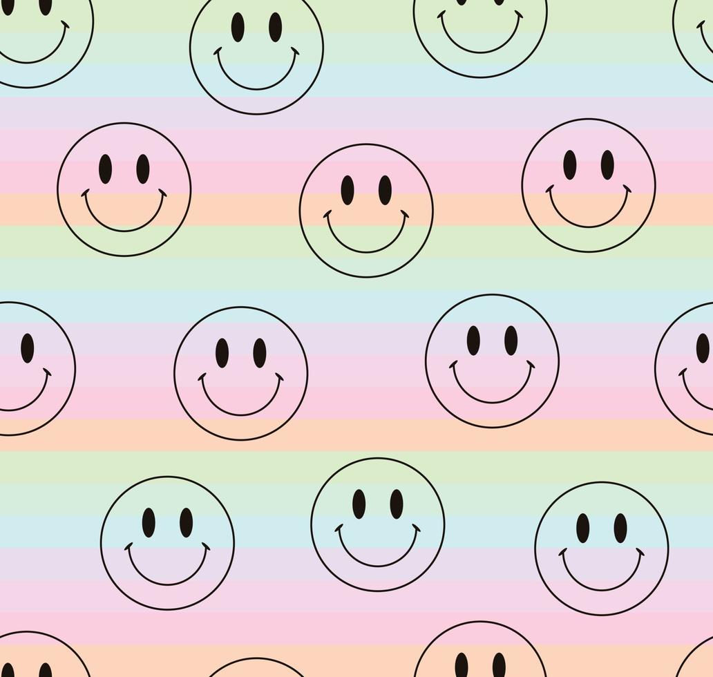 Nahtloser Musterhintergrund mit pastellfarbenen horizontalen Linien und lächelnden Gesichtsgefühlskreisen. geometrische linien niedliches modernes trendiges psychedelisches texturdesign der 90er jahre vektor