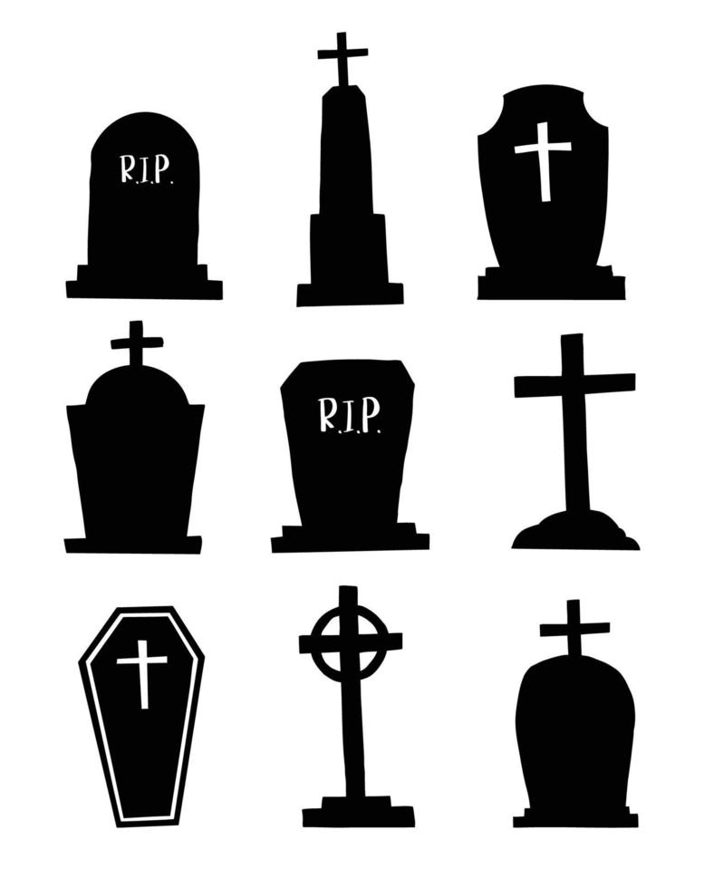uppsättning av gravstenar för halloween objekt. kyrkogård hand dragen silhuetter på vit bakgrund. vektor