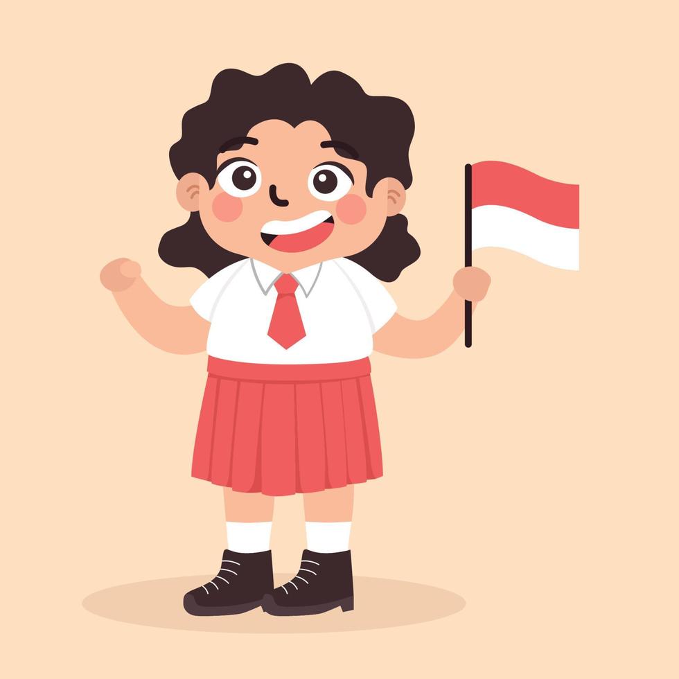 indonesische kinder tragen uniform rot weiß zur schule halten indonesische flagge vektor