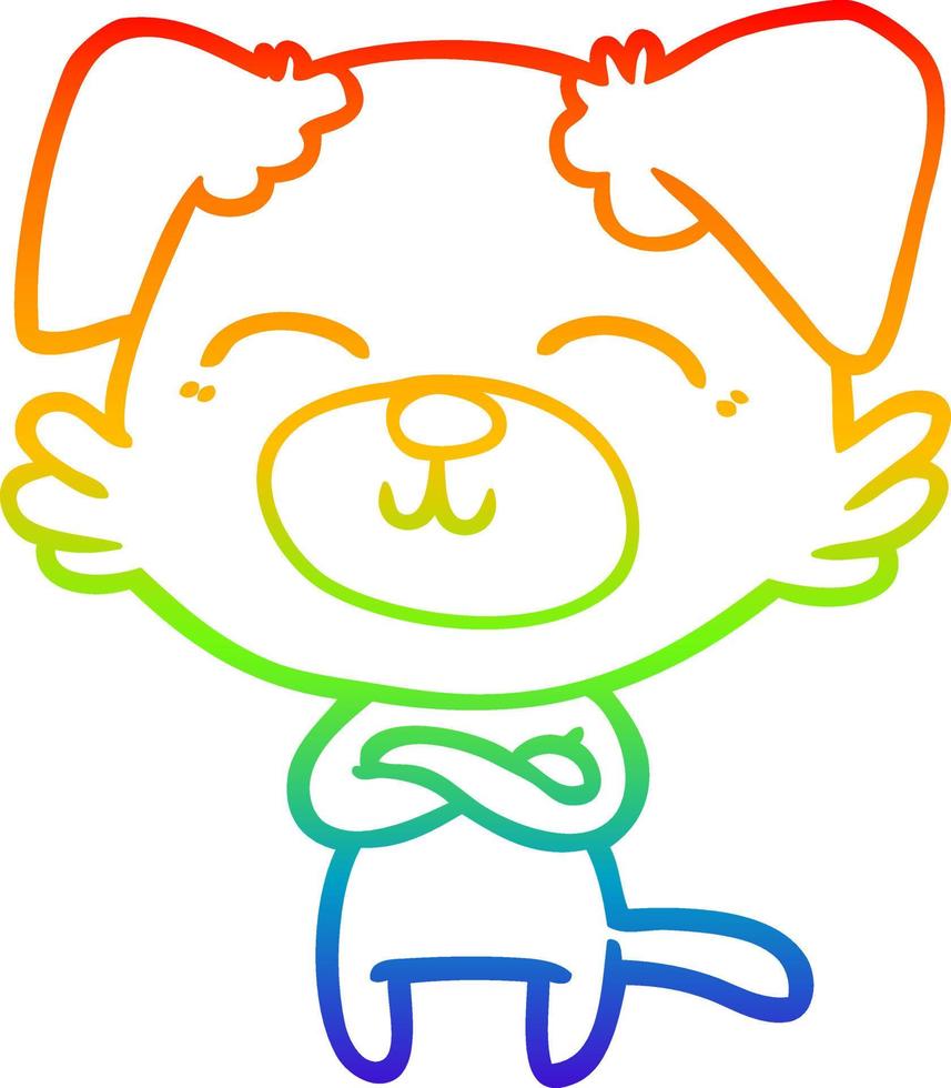 Regenbogen-Gradientenlinie zeichnet Cartoon-Hund, der die Arme kreuzt vektor