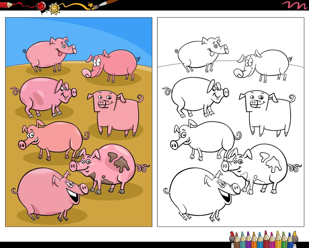 Cartoon-Schweine-Nutztier-Figuren zum Ausmalen vektor