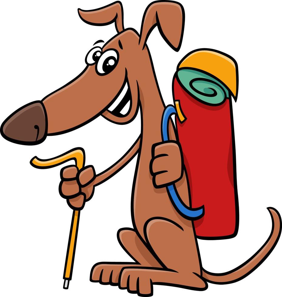 tecknad serie vandrare hund komisk djur- karaktär med ryggsäck vektor