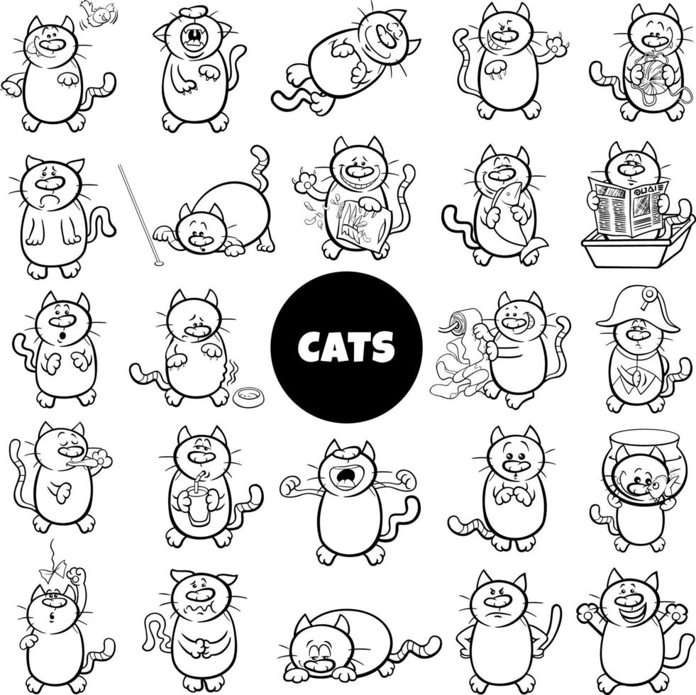 Cartoon Katze Charaktere große Set Farbbuch Seite vektor